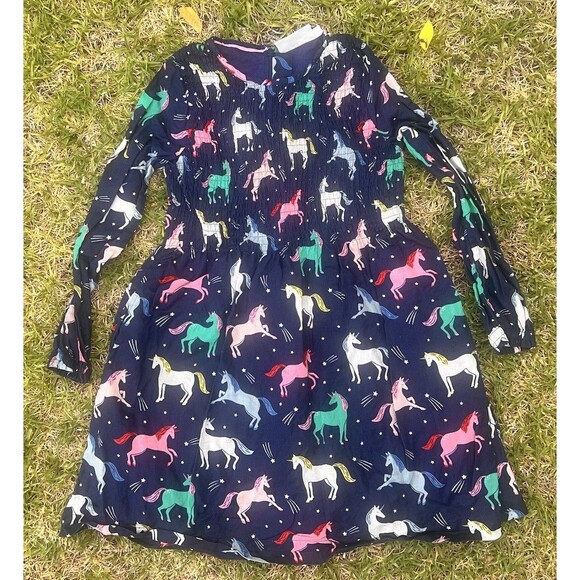 MINI BODEN 100% Cotton Lined Multicolor Unicorn Long Sleeve Smocked Dress 7-8Y - Picture 1 of 6
